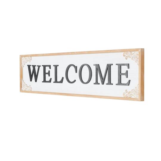 46" x 11" White with Scroll Details Wooden Welcome Sign Wall Décor